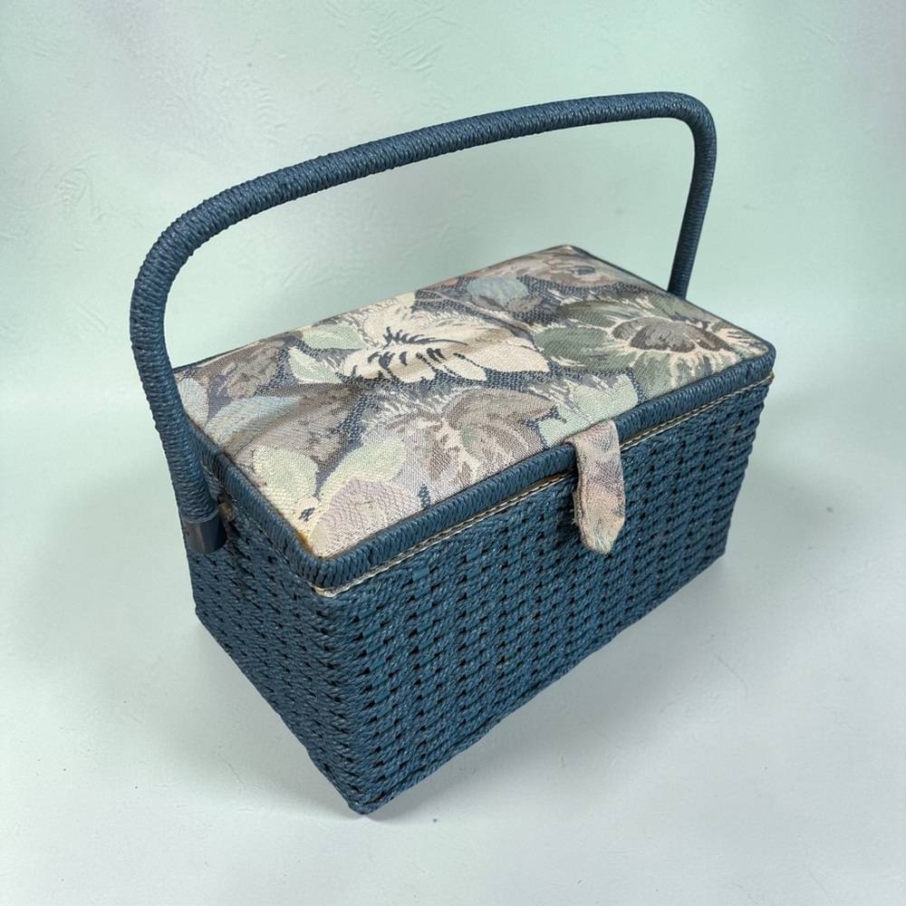 Hand Crafted Navy Woven Sewing Basket with Floral Fabric Lid